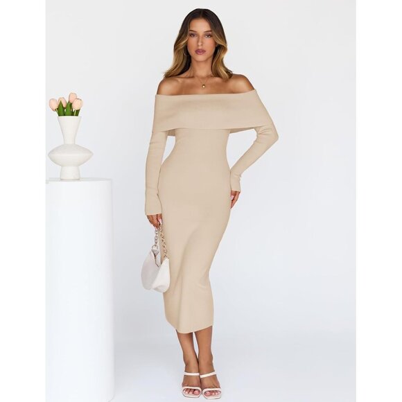 Merokeety Women's Apricot Off Shoulder Long Sleeve Elegant Bodycon Dress - Picture 2 of 9